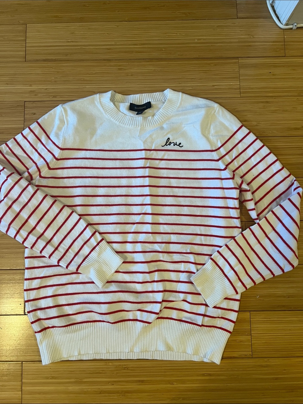 Cream Crewneck Sweater with Red Stripes and 'Love' Embroidery